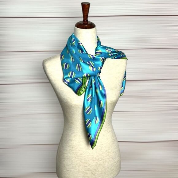 Elaine Gold for Collection XIIX Silk Square Scarf Blue Green White Hand Rolled - Picture 6 of 11